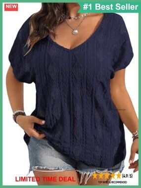 Plus Size Crochet Lace V-Neck Short Sleeve Boho Summer Blouse Top